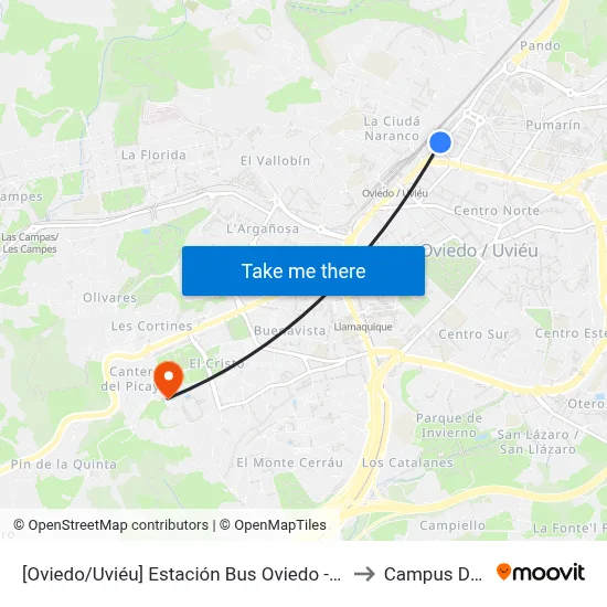 [Oviedo/Uviéu]  Estación Bus Oviedo - Pepe Cosmen [Cta 07426] to Campus De El Cristo map