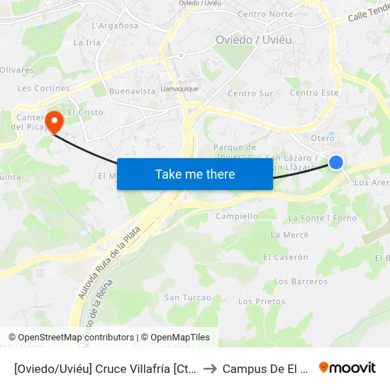 [Oviedo/Uviéu]  Cruce Villafría [Cta 07453] to Campus De El Cristo map