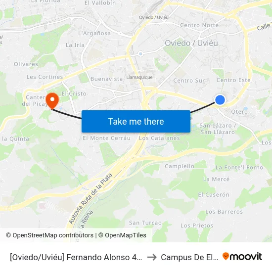 [Oviedo/Uviéu]  Fernando Alonso 43 [Cta 16859] to Campus De El Cristo map
