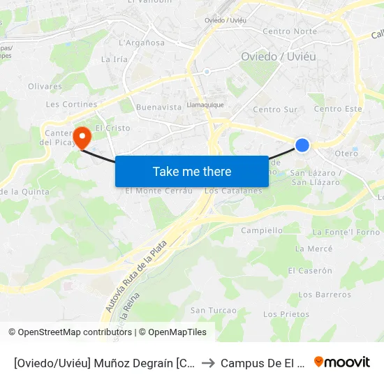 [Oviedo/Uviéu]  Muñoz Degraín [Cta 03316] to Campus De El Cristo map