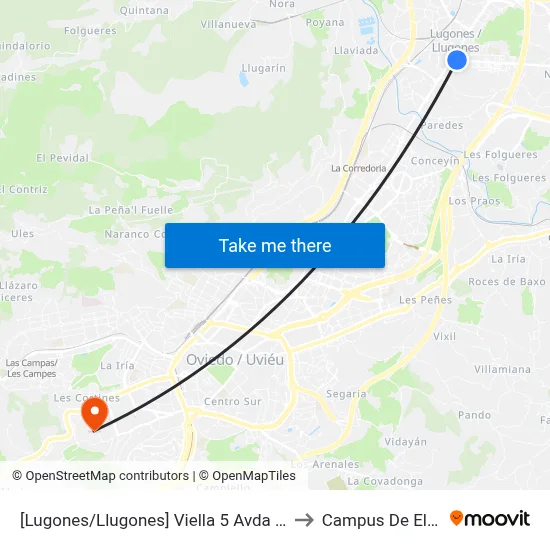 [Lugones/Llugones]  Viella 5 Avda [Cta 11780] to Campus De El Cristo map