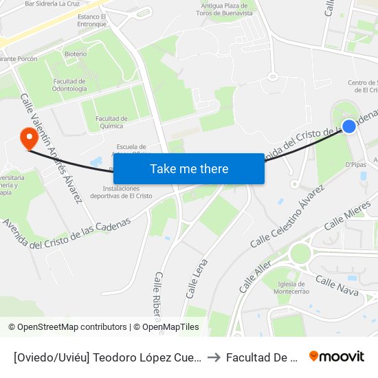 [Oviedo/Uviéu]  Teodoro López Cuesta [Cta 21395] to Facultad De Derecho map