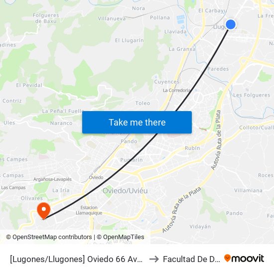 [Lugones/Llugones]  Oviedo 66 Avda [Cta 02292] to Facultad De Derecho map