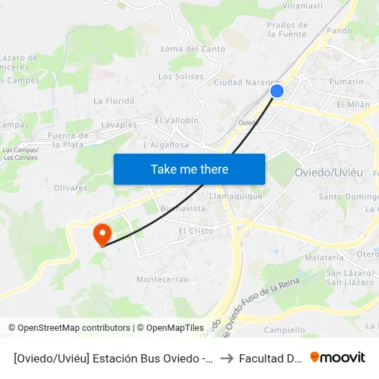 [Oviedo/Uviéu]  Estación Bus Oviedo - Pepe Cosmen [Cta 07426] to Facultad De Derecho map