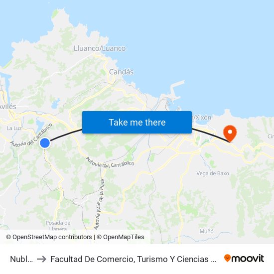 Nubledo to Facultad De Comercio, Turismo Y Ciencias Sociales Jovellanos map