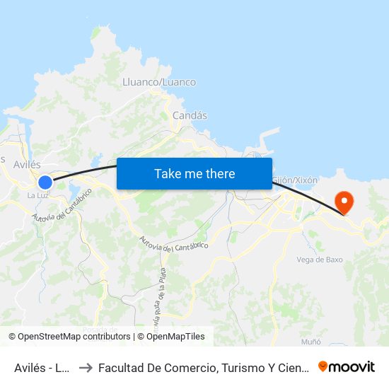 Avilés - La Rocica to Facultad De Comercio, Turismo Y Ciencias Sociales Jovellanos map