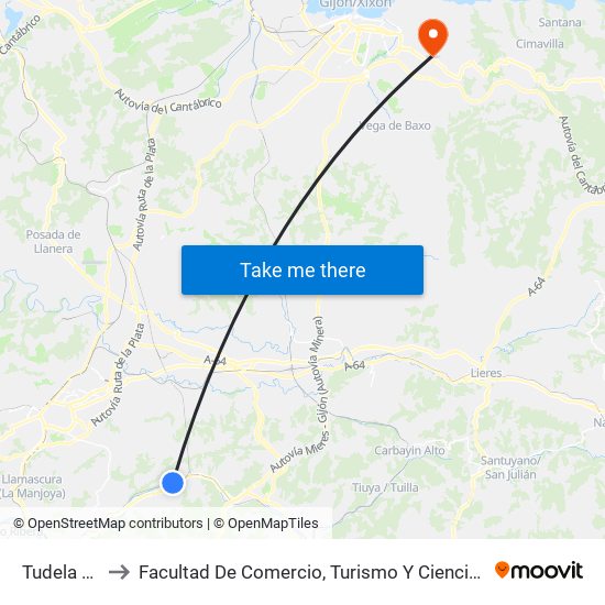 Tudela Veguín to Facultad De Comercio, Turismo Y Ciencias Sociales Jovellanos map