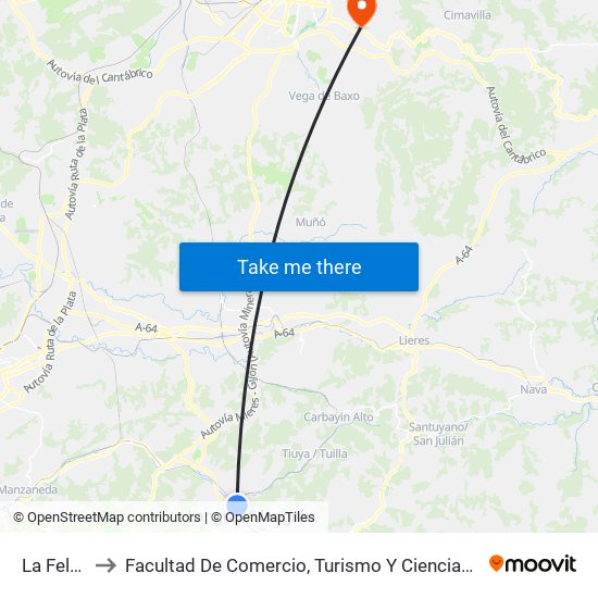 La Felguera to Facultad De Comercio, Turismo Y Ciencias Sociales Jovellanos map