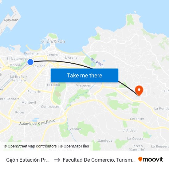 Gijón Estación Provisional Sanz Crespo to Facultad De Comercio, Turismo Y Ciencias Sociales Jovellanos map