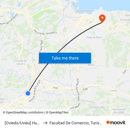 [Oviedo/Uviéu]  Huca - Iglesia [Cta 20798] to Facultad De Comercio, Turismo Y Ciencias Sociales Jovellanos map