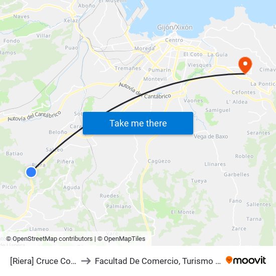 [Riera]  Cruce Cortina [Cta 21038] to Facultad De Comercio, Turismo Y Ciencias Sociales Jovellanos map