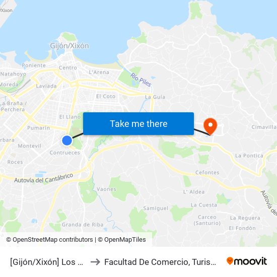 [Gijón/Xixón]  Los Pericones [Cta 21140] to Facultad De Comercio, Turismo Y Ciencias Sociales Jovellanos map