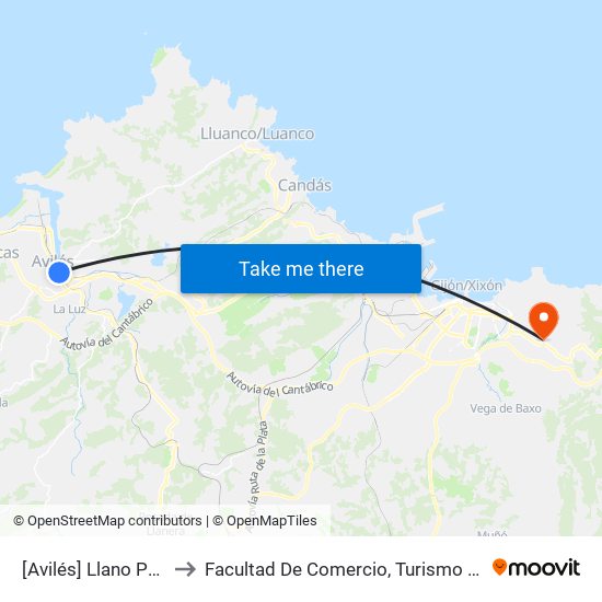 [Avilés]  Llano Ponte [Cta 00207] to Facultad De Comercio, Turismo Y Ciencias Sociales Jovellanos map