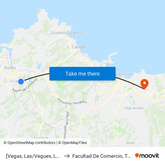 [Vegas, Las/Vegues, Les]  Principado 12 Avda [Cta 01080] to Facultad De Comercio, Turismo Y Ciencias Sociales Jovellanos map