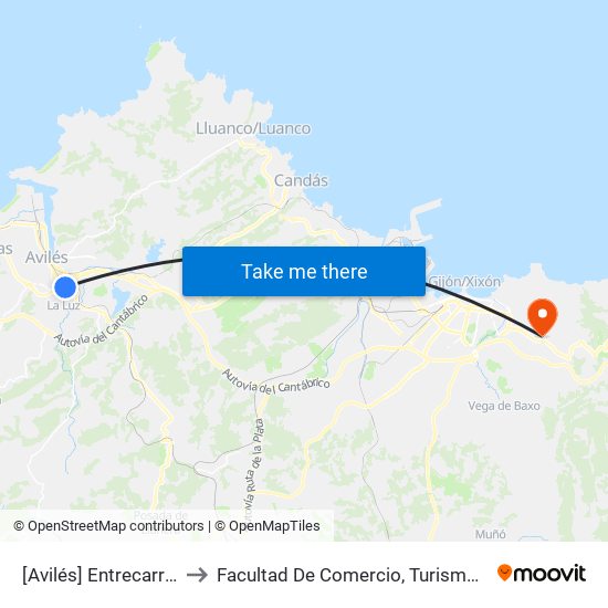 [Avilés]  Entrecarreteras [Cta 01091] to Facultad De Comercio, Turismo Y Ciencias Sociales Jovellanos map