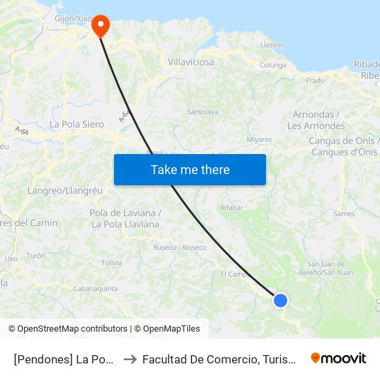 [Pendones]  La Pontonciella [Cta 01265] to Facultad De Comercio, Turismo Y Ciencias Sociales Jovellanos map