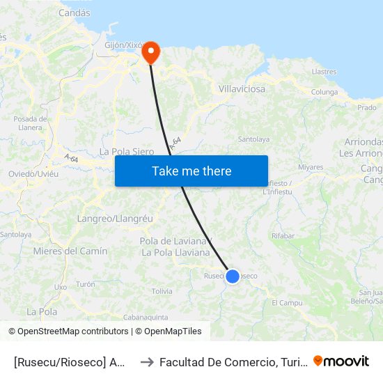 [Rusecu/Rioseco]  Ambulatorio Rusecu [Cta 01285] to Facultad De Comercio, Turismo Y Ciencias Sociales Jovellanos map