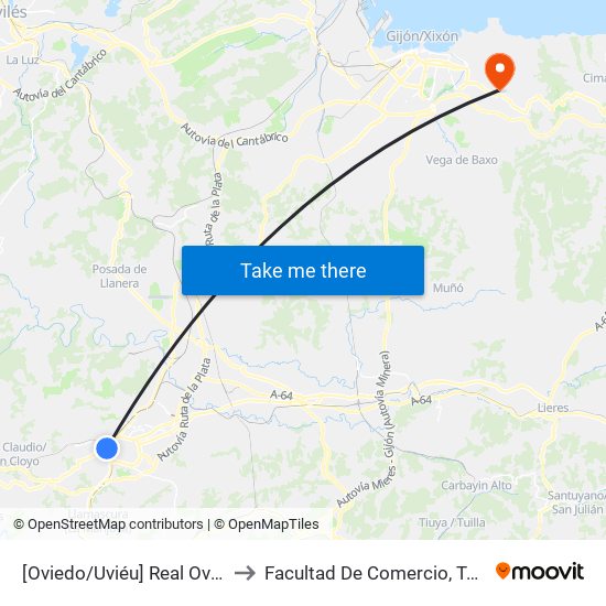 [Oviedo/Uviéu]  Real Oviedo - Villa Magdalena [Cta 02065] to Facultad De Comercio, Turismo Y Ciencias Sociales Jovellanos map