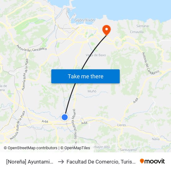 [Noreña]  Ayuntamiento Noreña [Cta 03544] to Facultad De Comercio, Turismo Y Ciencias Sociales Jovellanos map