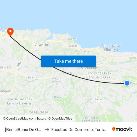 [Benia|Benia De Onís]  Benia [Cta 03628] to Facultad De Comercio, Turismo Y Ciencias Sociales Jovellanos map