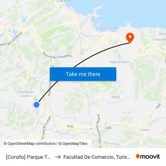 [Coruño]  Parque Tecnológico [Cta 06080] to Facultad De Comercio, Turismo Y Ciencias Sociales Jovellanos map