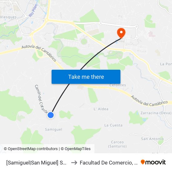 [Samiguel|San Miguel]  Samiguel De Castiello - La Nisal [Cta 06120] to Facultad De Comercio, Turismo Y Ciencias Sociales Jovellanos map