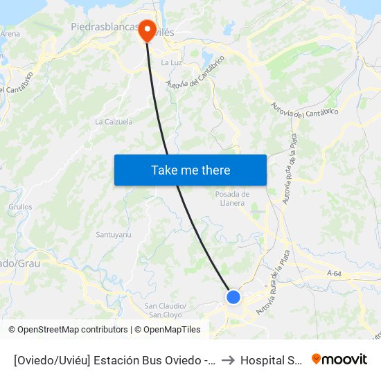 [Oviedo/Uviéu]  Estación Bus Oviedo - Pepe Cosmen [Cta 01549] to Hospital San Agustín map