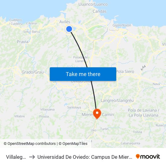 Villalegre to Universidad De Oviedo: Campus De Mieres map