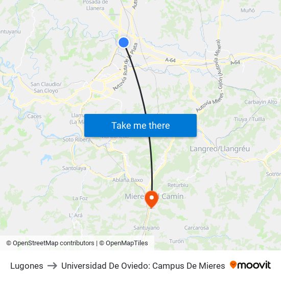 Lugones to Universidad De Oviedo: Campus De Mieres map