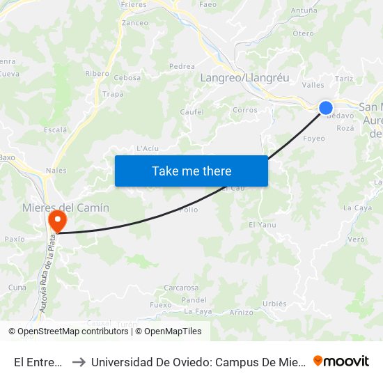 El Entrego to Universidad De Oviedo: Campus De Mieres map