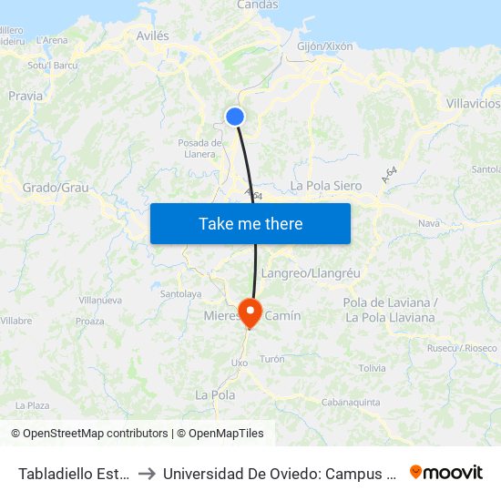 Tabladiello Estación to Universidad De Oviedo: Campus De Mieres map
