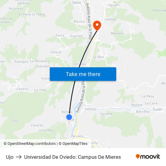 Ujo to Universidad De Oviedo: Campus De Mieres map