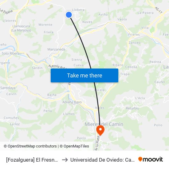 [Fozalguera]  El Fresno [Cta 18000] to Universidad De Oviedo: Campus De Mieres map