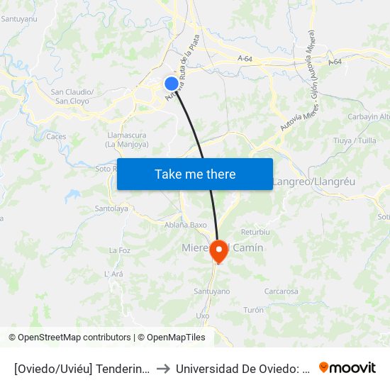 [Oviedo/Uviéu]  Tenderina Baja [Cta 20818] to Universidad De Oviedo: Campus De Mieres map