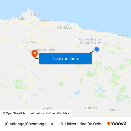 [Cuadonga/Covadonga]  Lagos - El Repelao [Cta 21422] to Universidad De Oviedo: Campus De Mieres map