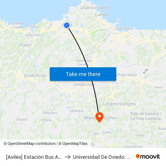 [Avilés]  Estación Bus Avilés [Cta 00161] to Universidad De Oviedo: Campus De Mieres map