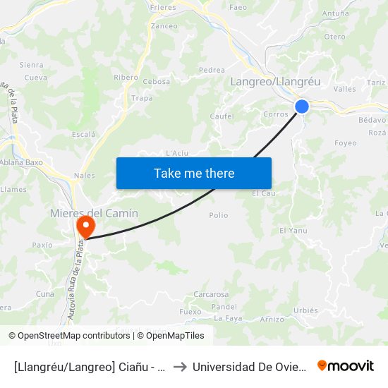 [Llangréu/Langreo]  Ciañu - Ies La Quintana [Cta 00428] to Universidad De Oviedo: Campus De Mieres map