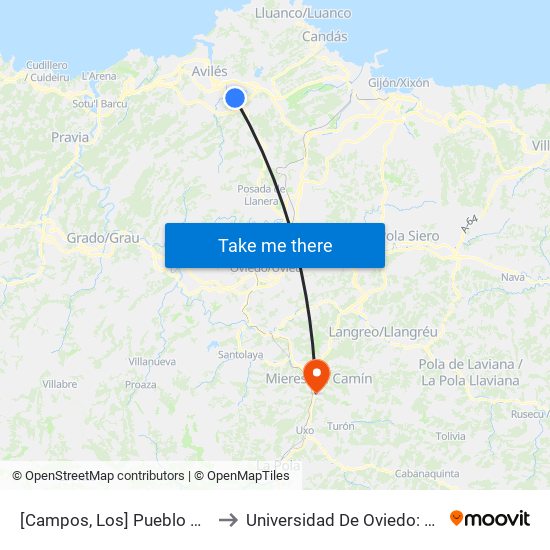 [Campos, Los]  Pueblo Nuevo [Cta 01075] to Universidad De Oviedo: Campus De Mieres map