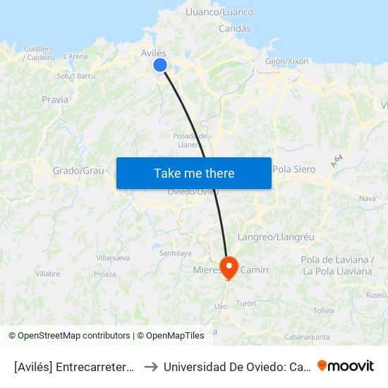 [Avilés]  Entrecarreteras [Cta 01090] to Universidad De Oviedo: Campus De Mieres map