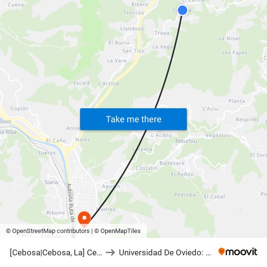 [Cebosa|Cebosa, La]  Cebosa [Cta 01142] to Universidad De Oviedo: Campus De Mieres map