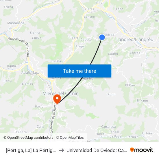 [Pértiga, La]  La Pértiga [Cta 01148] to Universidad De Oviedo: Campus De Mieres map