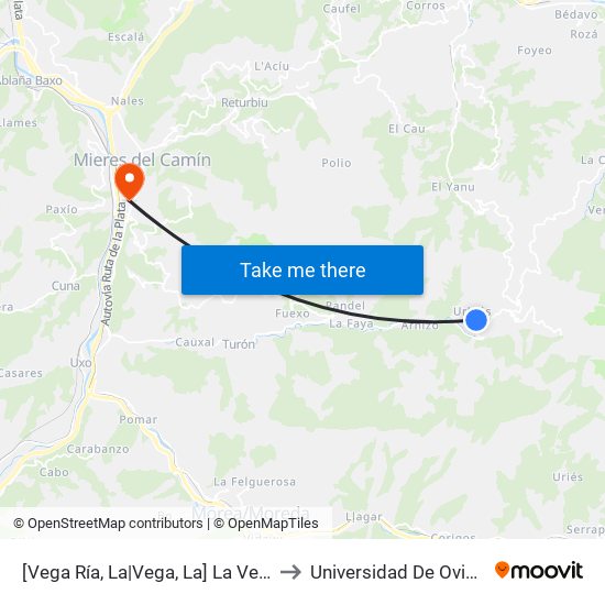 [Vega Ría, La|Vega, La]  La Vega Ría Riba - Urbiés [Cta 01192] to Universidad De Oviedo: Campus De Mieres map