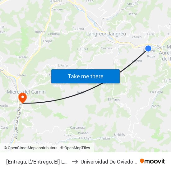 [Entregu, L'/Entrego, El]  La Cascaya [Cta 01196] to Universidad De Oviedo: Campus De Mieres map