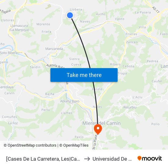 [Cases De La Carretera, Les|Casas De La Carretera]  Bendones 1 [Cta 01239] to Universidad De Oviedo: Campus De Mieres map