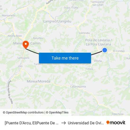 [Puente D'Arcu, El|Puente De Arco]  El Puente D'Arcu [Cta 01255] to Universidad De Oviedo: Campus De Mieres map