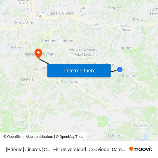 [Prieres]  Linares [Cta 01283] to Universidad De Oviedo: Campus De Mieres map