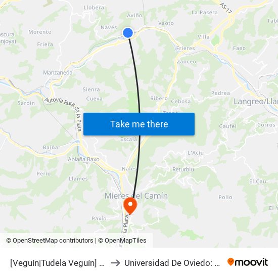 [Veguín|Tudela Veguín]  Renfe [Cta 01303] to Universidad De Oviedo: Campus De Mieres map