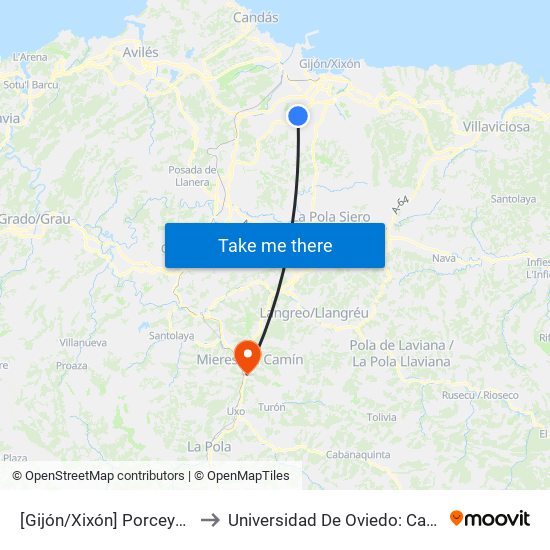[Gijón/Xixón]  Porceyo [Cta 01322] to Universidad De Oviedo: Campus De Mieres map