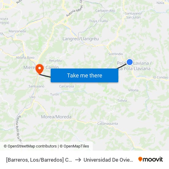 [Barreros, Los/Barredos]  Carretera Tiraña [Cta 01354] to Universidad De Oviedo: Campus De Mieres map