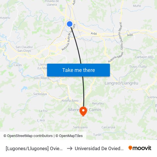 [Lugones/Llugones]  Oviedo 66 Avda [Cta 02292] to Universidad De Oviedo: Campus De Mieres map
